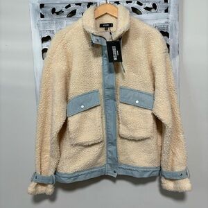 Missguided Cream Faux Borg Sherpa Light Denim Full Zip Oversized Jacket Coat NWT
